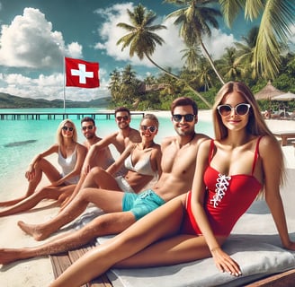 'image montrant des touristes suisses profitant de leurs vacances à Maurice, dans un cadre magnifique et tropical.