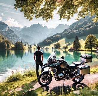 Voici une autre illustration, montrant un motard suisse stationné près d’un lac paisible, entouré de verdure et de montagnes