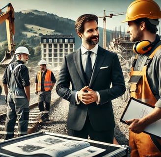 ’un chantier en Suisse, avec un superviseur et des ouvriers discutant dans un environnement professionnel et actif.