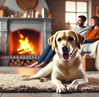 mettant en scène un chien dans un cadre chaleureux et accueillant. L'accent est mis sur la sécurité et le confort, parfait po