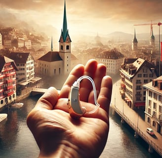 image illustrant la protection des appareils auditifs en Suisse, avec une main tenant un appareil auditif devant une ville su