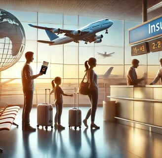 une illustration plus réaliste et contextuelle, représentant une famille à l'aéroport prête à voyager, avec des détails natur