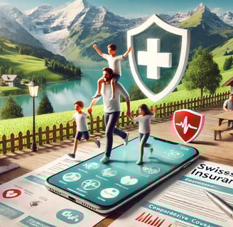 illustrant le concept d'assurance en Suisse avec un cadre naturel et des éléments symboliques de sécurité et de santé.