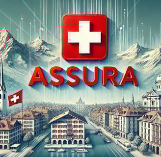 Voici une image mettant en avant le logo Assura en rouge, placé dans un cadre suisse typique avec les Alpes, un drapeau suiss