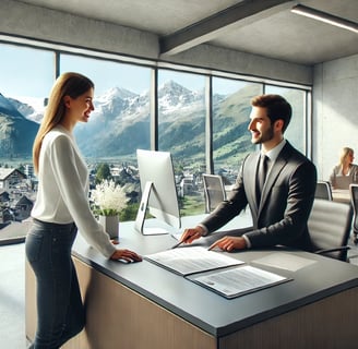 Voici une image illustrant une scène professionnelle dans un bureau suisse moderne, avec une ambiance accueillante et une vue