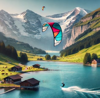 Voici une illustration capturant l'énergie du kitesurf dans un cadre suisse alpin. On y voit un kitesurfeur glissant sur un l