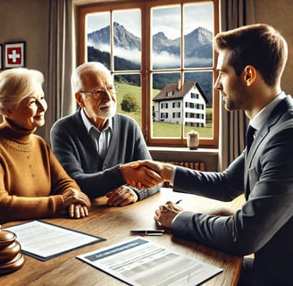 image avec un conseiller financier aux côtés d’un couple âgé suisse, dans un cadre professionnel et rassurant.