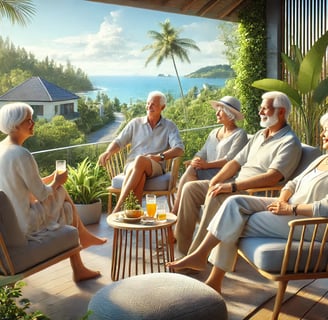 Voici l'image représentant un groupe de retraités, dont un couple suisse, profitant de leur retraite à Maurice. L'atmosphère