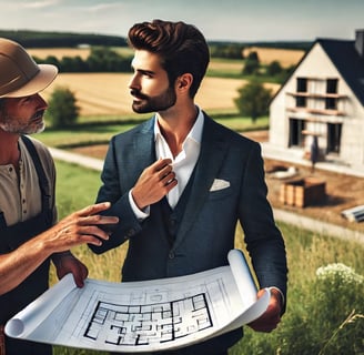 image représentant un marchand de biens inspectant une propriété à la campagne, en discussion avec un ouvrier sur les rénovat