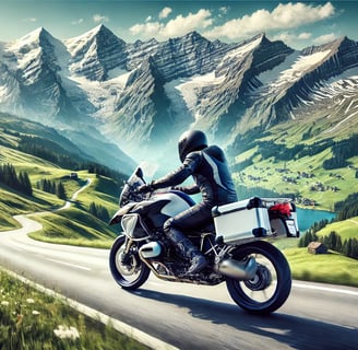 Voici une nouvelle image représentant un motard suisse parcourant une route de montagne dans un cadre alpin spectaculaire, sa
