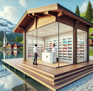 Voici une nouvelle image réaliste d'une pharmacie suisse moderne, située dans un cadre naturel différent, comme près d'un lac