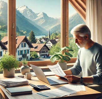 représentant une personne dans un bureau à domicile, analysant des documents relatifs à l'assurance maladie, avec une vue su