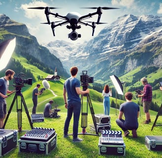 Voici une image représentant un plateau de tournage en Suisse, avec une équipe professionnelle travaillant dans un magnifique