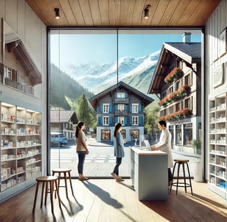 Voici une image réaliste d'une pharmacie suisse moderne située dans un village pittoresque