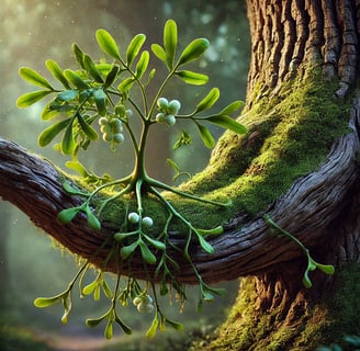 the mistletoe plant growing on an oak tree, showcasing its parasitic relationship by extracting wate