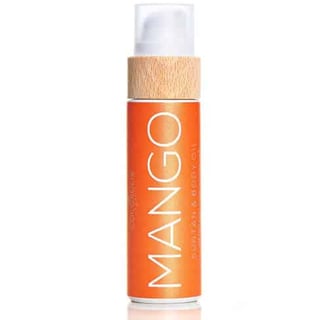 Mango organiškas įdegio aliejus .Oranžinis buteliukas su mediniu kamšteliu