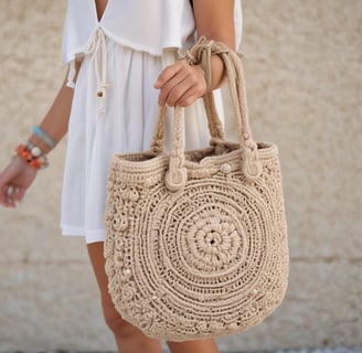 Several colorful handbags with rope handles hang from a metal bar in an outdoor market setting. Each bag has a tag displaying pricing information. The cobblestone path adds a rustic feel.