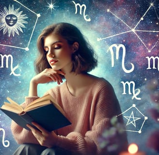 Garota lendo um livro de astrologia