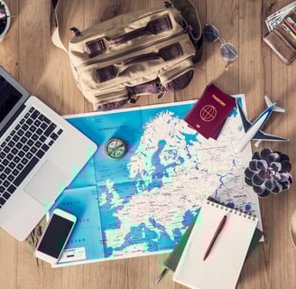 Travel essentials. Laptop, Phone, Map, Passport, Camera, Airplane, Journal 
