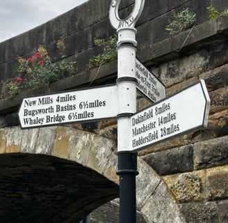 a sign post showing cities locations by a canal in Marple