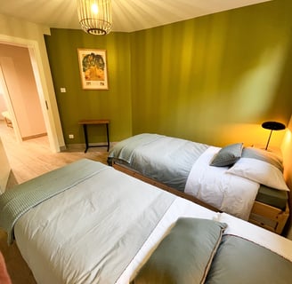 a bedroom with two beds and a lamp