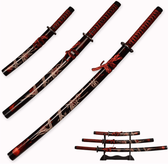 Handmade Japanese Katana 3-Piece Set with Display Stand, Carbon Steel Samurai Sword,Japanese Iaido 