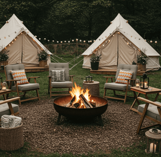 Campsite with camping chairs around a firepit and glamping tents