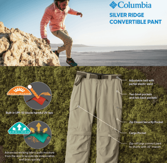 Model wearing Columbia Men's Silver Ridge Convertible Pants, highlighting versatile clothing