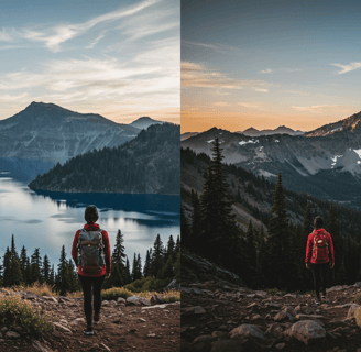 women traveler in two different mountain hikes using versatile clothing