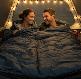 couples camping in a sleeping bag and tent in the woods