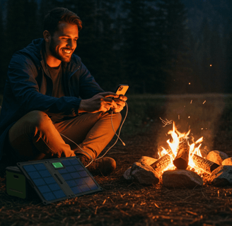 A serene lakeside campsite surrounded by tall pine trees, with a tent and a cozy campfire