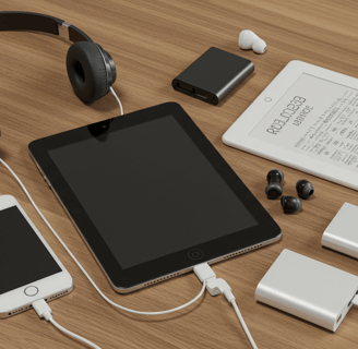 a tablet computer and headphones on a table