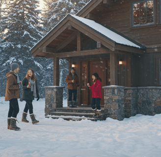 a group of people standing in front of a house