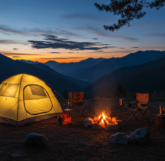 Mountain scenic campsite with camping chairs, camping cookware, tent around a campfire