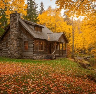 a cabin in the woods with a cabin in the background