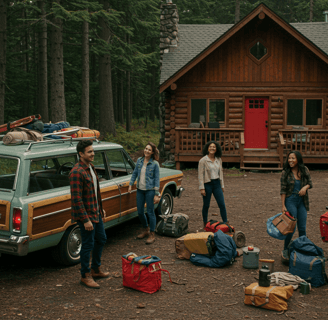 a group of people unpacking car for cabin trip