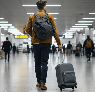 Stylish man in versatile travel outfit confidently walks through airport. Travel fashion for men