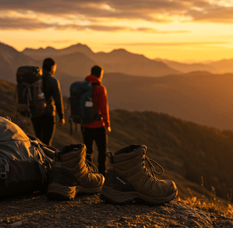 Hikers stands on a mountain peak at sunset, wearing a backpack and sturdy hiking boots