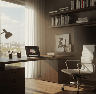 nice home office with chair, laptop, desk with a city landscape view