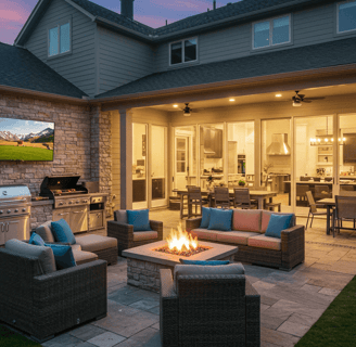 outdoor entertainment area with TV, grill, sitting area for a home backyard