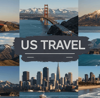 Professional travel photography, showcasing a collage of iconic US landmarks and diverse landscapes