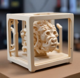 A 3D printer with a black frame and a visible extruder head equipped with wiring and motors. It rests on a clean, white surface with metal rods and a flat print bed for creating three-dimensional objects.