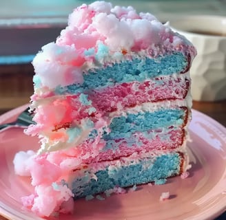 Blue and pink layered cotton candy cake topped with fluffy cotton candy for decoration