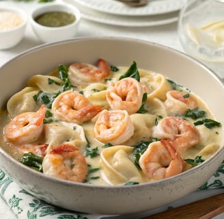 a bowl of pasta with shrimp, tortellini, and spinach