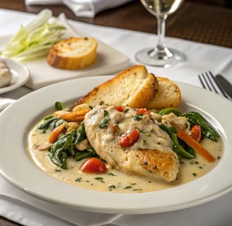 a plate of food chicken with cream sauce