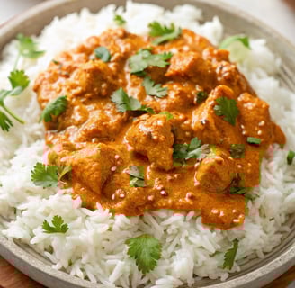 butter chicken and rice on plate