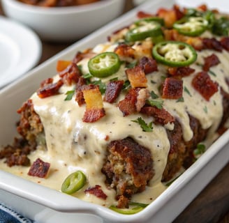 a dish of meatloaffe covered in cheese and sauce