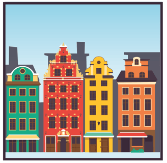 Illustration av färgglada hus i Stockholm för RUT-avdrag på fönsterputsning
