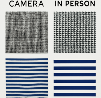 examples of problematic patterns and colors on camera versus how they appear in person