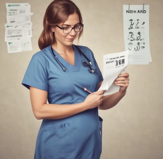 a nurse in scrub scrubs and glasses
